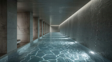 Obraz premium Luxury hydrotherapy corridor with cascading water reflections and serene minimalist lighting