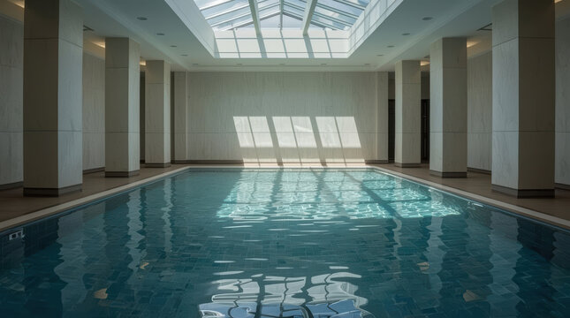 Luxury hotel indoor pool minimalist skylight reflection calm blue water serene atmosphere