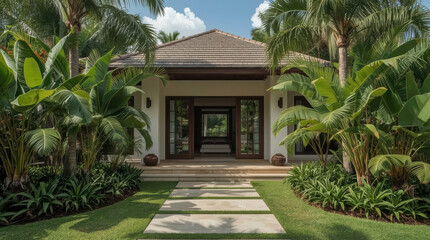 Fototapeta premium Luxury tropical villa entrance framed by lush palm and banana plants, inviting pathway
