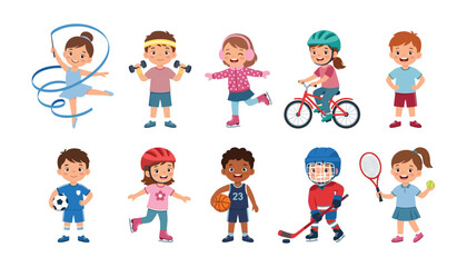 Fototapeta premium Happy kids doing sports and physical activities set vector illustration of children exercising isolated on white background