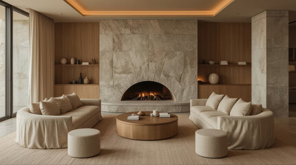 Obraz premium Warm minimalist living room with curved sofas, stone fireplace and soft neutral tones