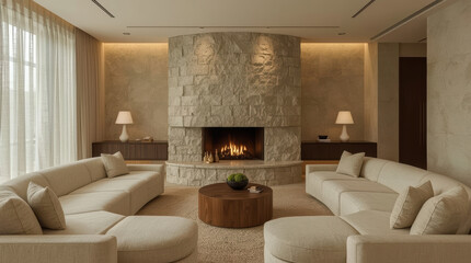 Obraz premium Luxury neutral living room with curved stone fireplace, warm lighting, cozy seating