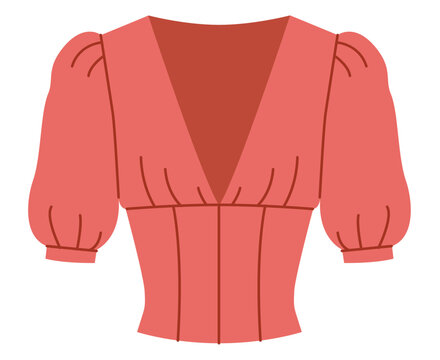 Coral cropped corset blouse with deep neckline, short puff sleeves fitted panel shaping waist. Technical fashion illustration front view in flat color, clean contour, modern clothing template. Vector