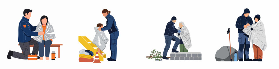 Obraz premium Rescue Workers Providing Emergency Assistance and Thermal Blankets to Survivors in Various Disaster and Accident Scenarios Illustration