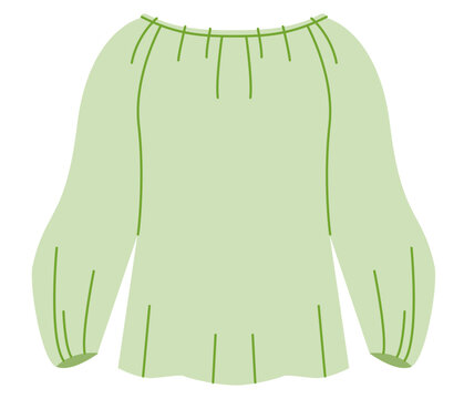 Light green peasant blouse with gathered neckline, long sleeves and relaxed flowing silhouette with soft volume. Technical fashion illustration front view in flat color, clean template. Vector
