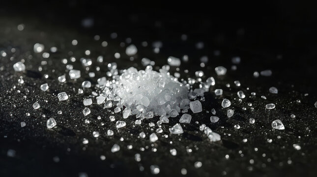 Sparkling sea salt crystals macro close up on dark surface with minimalist lucid realism