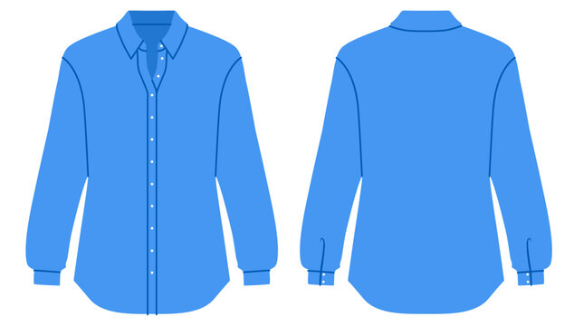 Blue classic button shirt with pointed collar, long sleeves and curved hem, clean tailored silhouette. Technical fashion illustration in flat color, front and back views, modern apparel design. Vector