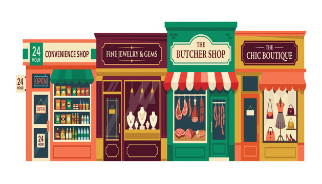 City street store storefronts set including convenience shop jewelry boutique butcher shop and chic fashion store flat vector illustration