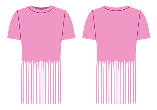 Pink short sleeve t shirt with fringe hem detail and relaxed silhouette, clean neckline and decorative edge. Technical fashion illustration in flat color, front and back views, modern apparel design