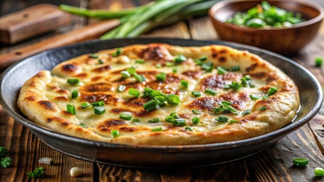 A perfectly crisped scallion pancake splayed across a worn goldenbrown skillet splattered with savory oil droplets