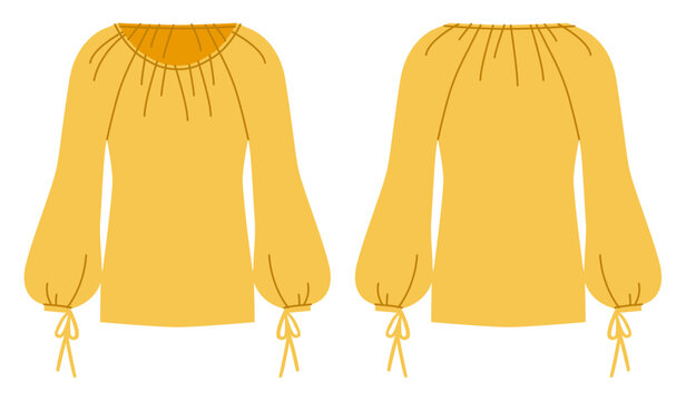 Yellow blouse with gathered neckline, long sleeves adjustable tie cuffs creating soft volume and relaxed silhouette. Technical fashion illustration in flat color, front back views, clothing design