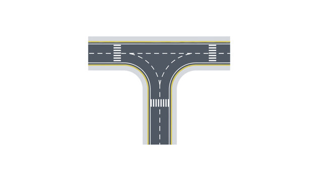 T-Junction Road Intersection Flat Illustration with Crosswalks and Lane Markings
