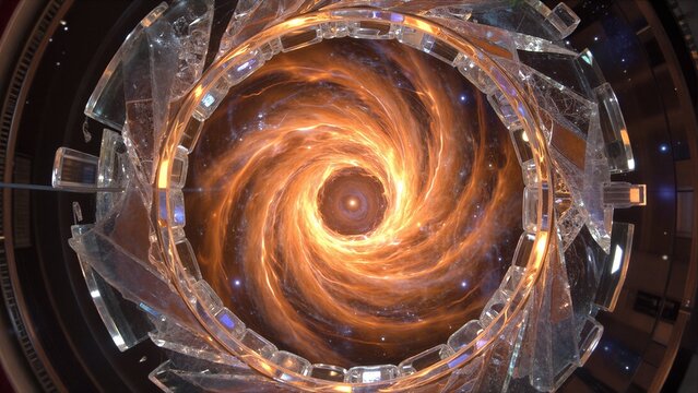 A cosmic vortex swirls within a shattered glass tunnel, glowing with fiery energy.