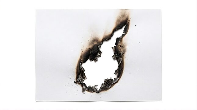 A single jagged hole burned through white paper texture with scorched char marks around edges scorched background crumbled abstract destruction isolated material parchment wrinkled