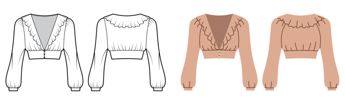 Ruffle cropped blouse technical fashion illustration with deep V neckline, long sleeves and soft gathered waist. Flat CAD apparel template shown in front and back view, clean outline drawing.