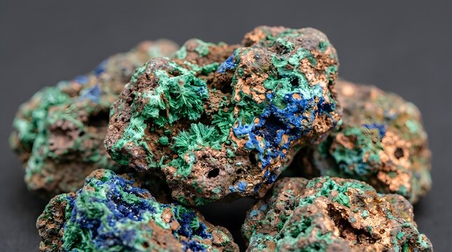 Colorful mineral ore with copper and oxidation tones showing geological richness.