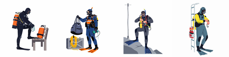 Collection of Scuba Divers in Full Gear Preparing for Underwater Exploration and Professional Diving Activities © Nia