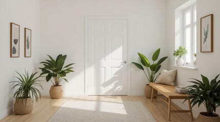 Obraz premium Minimalist home entrance wooden bench potted plant natural light cozy neutral decor