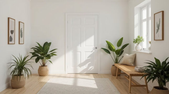 Minimalist home entrance wooden bench potted plant natural light cozy neutral decor