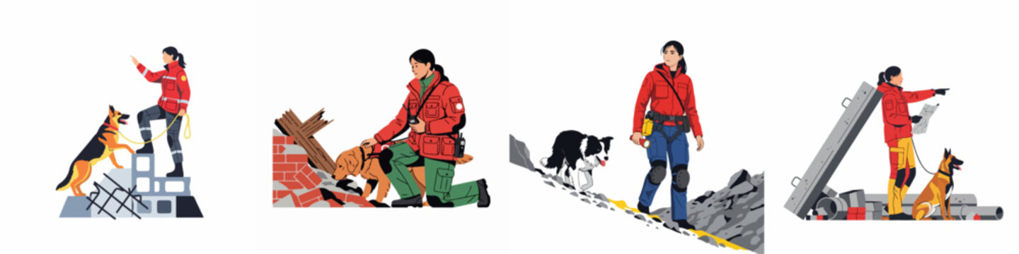 Collection of female search and rescue workers with trained k9 dogs searching for survivors in disaster zones, mountains, and earthquake ruins.