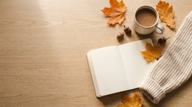 Open notebook with coffee and autumn leaves. Cozy fall flat lay with sweater on wood table.