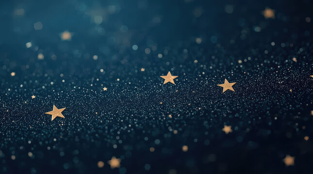 Golden stars scattered on dark blue glitter surface with bokeh sparkles