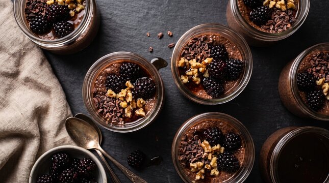 Chocolate chia pudding jars with blackberries. Healthy vegan dessert in glass containers.