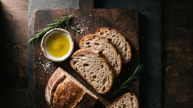 Sourdough bread slices on a wooden board. Fresh artisan loaf with olive oil and herbs.