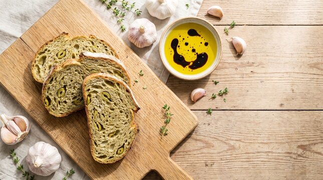 Sliced sourdough bread with olives. Fresh artisan loaf served with olive oil and garlic.