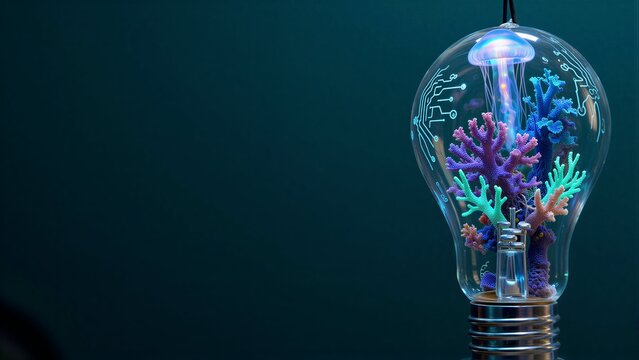 A glowing light bulb holds a jellyfish and vibrant coral reefs, blending tech with nature.