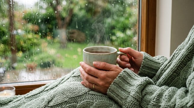Hands holding a warm coffee cup. Person in a cozy sweater relaxing by a rainy window.