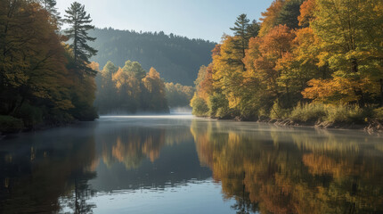 Autumn river reflection autumn river reflection forest mist calm sunrise fall foliage tranquil © siraphol