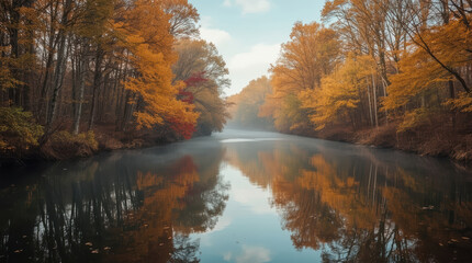 Autumn river reflection misty forest peaceful golden trees © siraphol