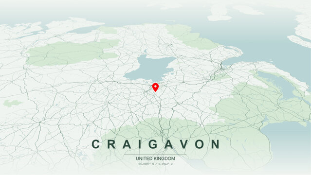 Modern minimalist vector map of Craigavon, Northern Ireland. High-quality scalable illustration of Craigavon geographic boundaries along Lough Neagh shoreline, Craigavon Lakes for posters design.