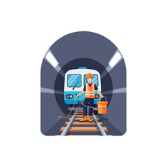 Fototapeta premium Flat Illustration of a Railway Maintenance Worker in a Subway Tunnel with a Train