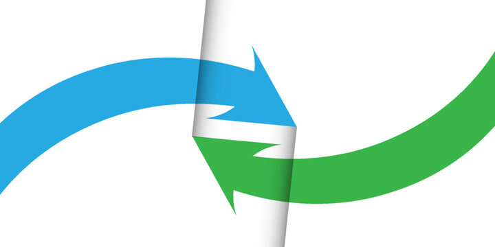 Abstract vector illustration of blue and green curved arrows with a page curl transition, representing process, exchange, and transformation.