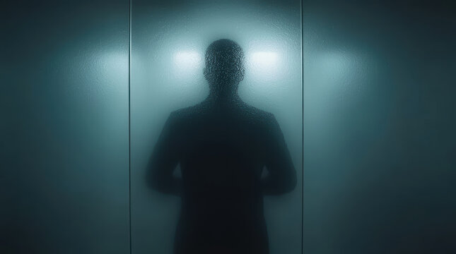 Silhouetted man behind frosted glass, moody teal lighting, cinematic covert atmosphere