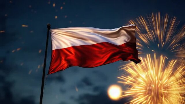 Poland national flag waving during celebratory fireworks display