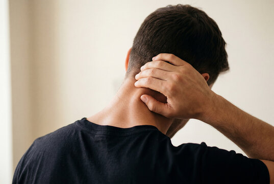 Man touching the back of his neck while wearing a black shirt