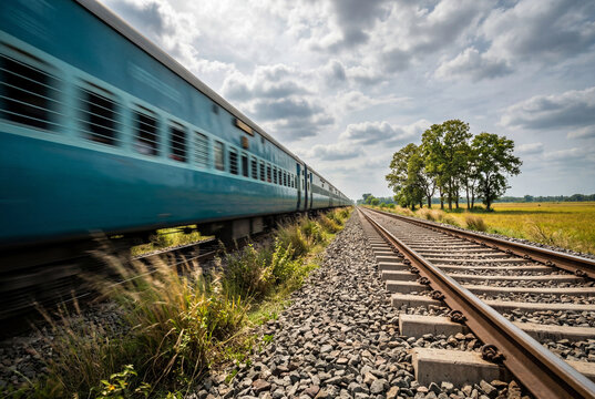 Fast blue passenger train speeding on railway tracks
