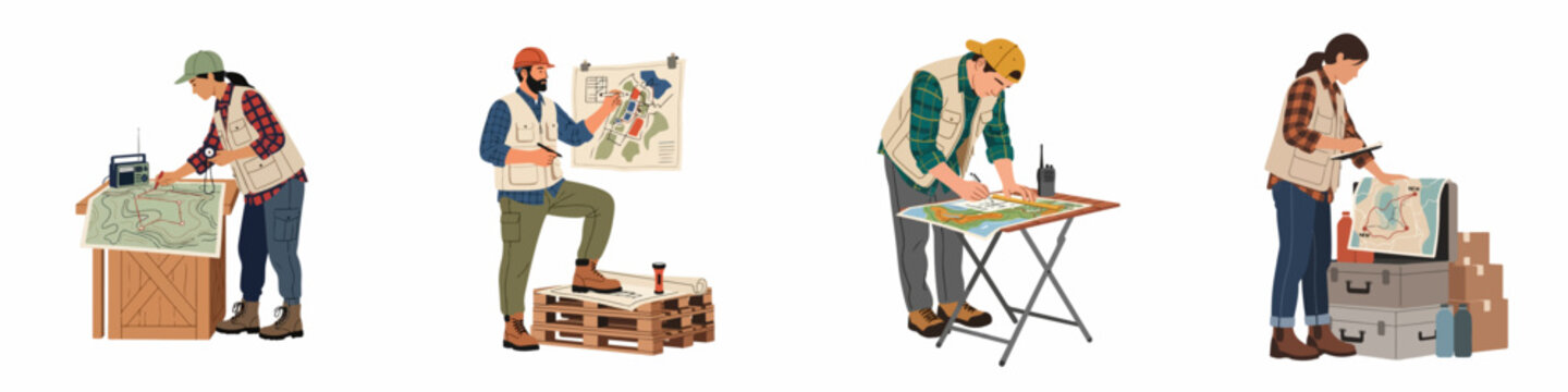 Collection of flat vector characters showing male and female specialists planning routes and analyzing topographic maps in an outdoor or field research setting.