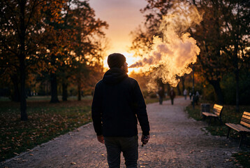 Obraz premium Man vaping and exhaling vapor cloud in park at sunset