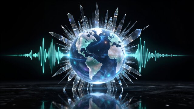 A glowing globe surrounded by crystal spikes and sound waves on a reflective surface.