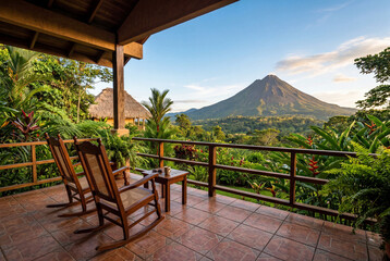 Obraz premium Majestic volcano towering over a lush green tropical forest viewed from a resort balcony