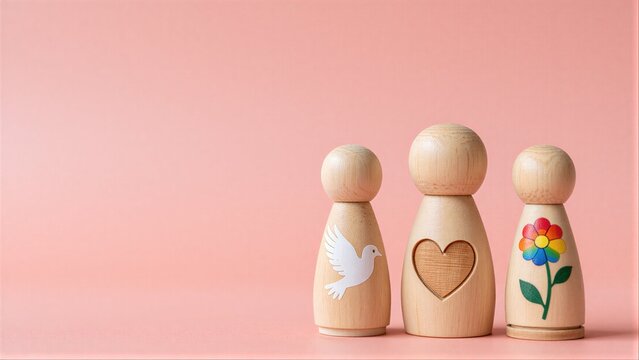 Three wooden figures symbolize peace, love, and diversity against a soft pink background.