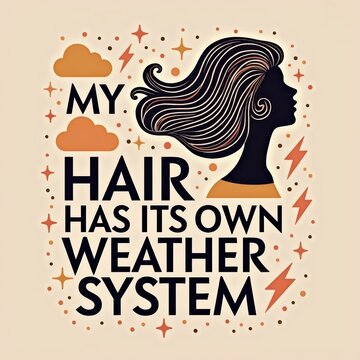 Artistic illustration of a side profile female figure with flowing hair, clouds, lightning, and stars surrounding a motivational quote