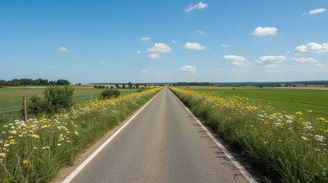 Open country road flanked by wildflower verge under blue sky with scattered clouds