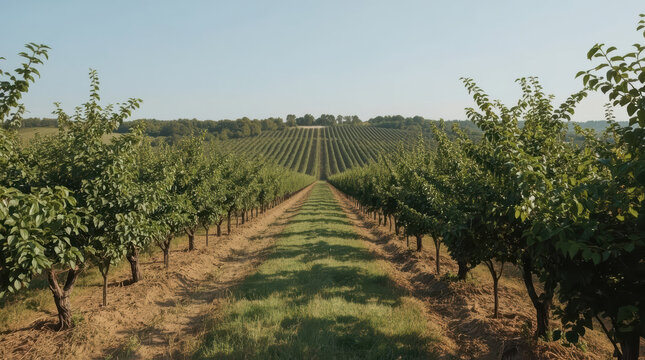 Orchard tree row orchard hill vineyard like rows peaceful farmland sunlit grove