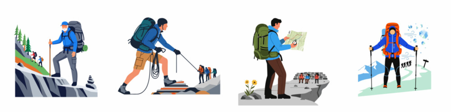 Vector illustrations set featuring hikers and mountain climbers with backpacks and equipment exploring rocky terrain and snowy peaks in various outdoor settings.
