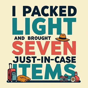 Packing Light for Travel Humor Quote with Suitcase and Travel Items Illustration